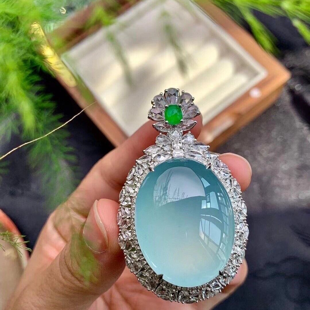 Burmese ice jade egg-shaped pendant sky blue sea blue 925 silver inlaid jade pendant men and women gift - Image 3
