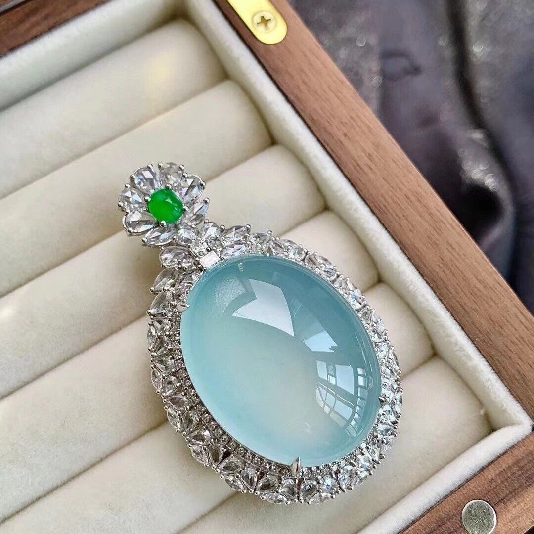 Burmese ice jade egg-shaped pendant sky blue sea blue 925 silver inlaid jade pendant men and women gift